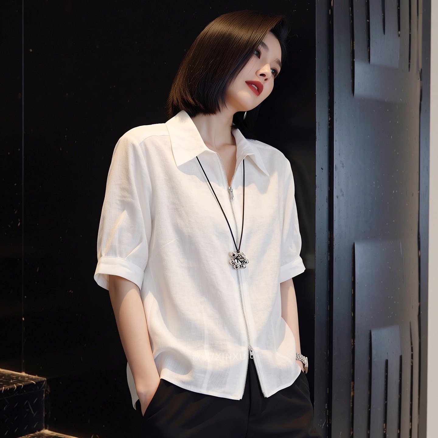 Áo sơ mi ngắn tay nữ cổ lật phong cách nhẹ nhàng, thiết kế dây kéo trước, form suông tôn dáng — màu trắng chi tiết 4