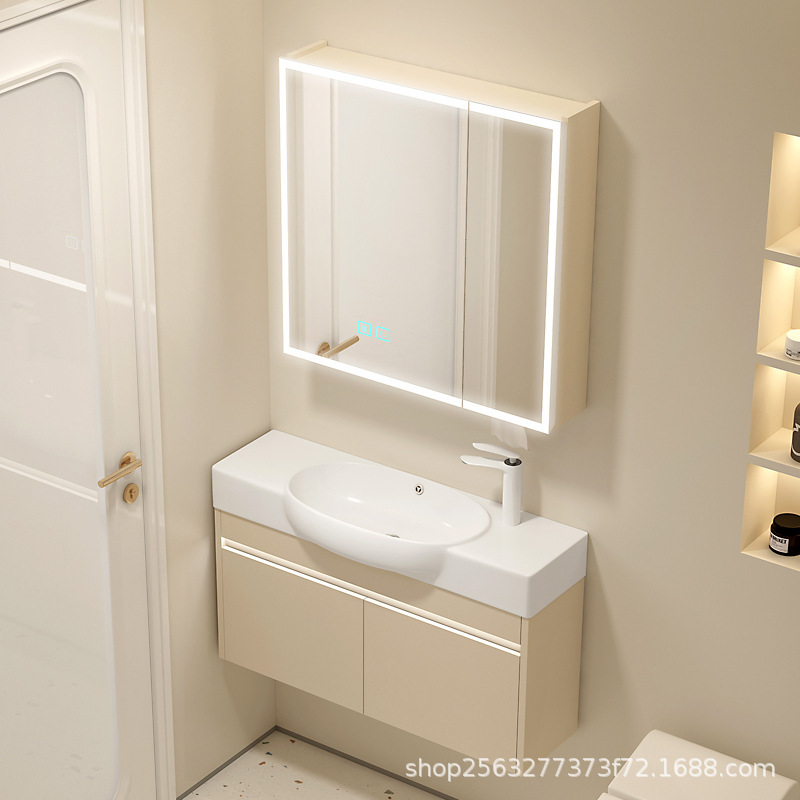 Small Apartment Bathroom Cabinet Solid Wood Cream Wind Hanging Cabinet Ultra-Narrow and Long Integrated Ceramic Basin Wall-Hanging Combination Wash Basin Mirror Cabinet