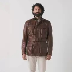 Exquisite Men's Leather Jacket Outdoor Western Hunting Style Leather Jacket with Belt Multi-Pocket Winter Men's
