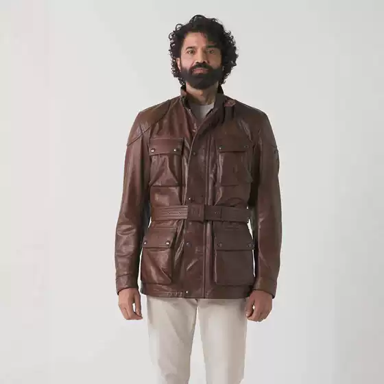 Exquisite Men's Leather Jacket Outdoor Western Hunting Style Leather Jacket with Belt Multi-Pocket Winter Men's