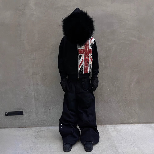 Wholesale European and American Style Instagram-Style Fleece Zip-Up Hoodie with Fur Collar, Long-Sleeved Pullover Hoodie, Retro Jacket, Streetwear Trendy Y2K Style