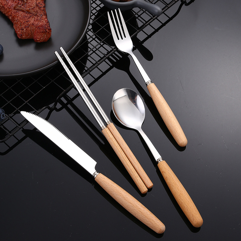 Cuchillo de carne japonés de acero inoxidable mango de madera transfronteriza, tenedor, cuchara palillos cuchara de postre regalo de cuatro piezas traje de vajilla portátil