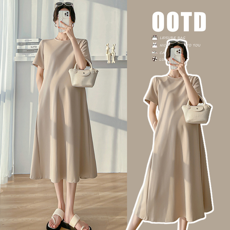 2023 Summer New Simple Elegant Pregnant Mom Professional Large-size Pleated Waist Midi Dress