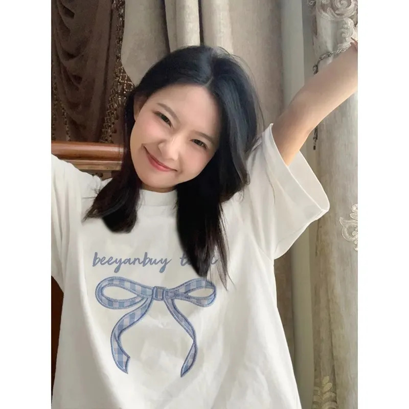 100% Pure Cotton White Short-Sleeved T-Shirt for Women 2026 Summer New Niche Loose Bow Print Korean Style Top