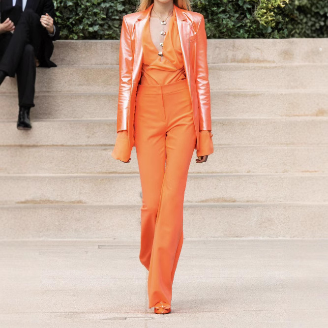 2025 Autumn/Winter New Women's Orange Fashion One-Button Glossy Blazer and Flared Pants Two-Piece Suit