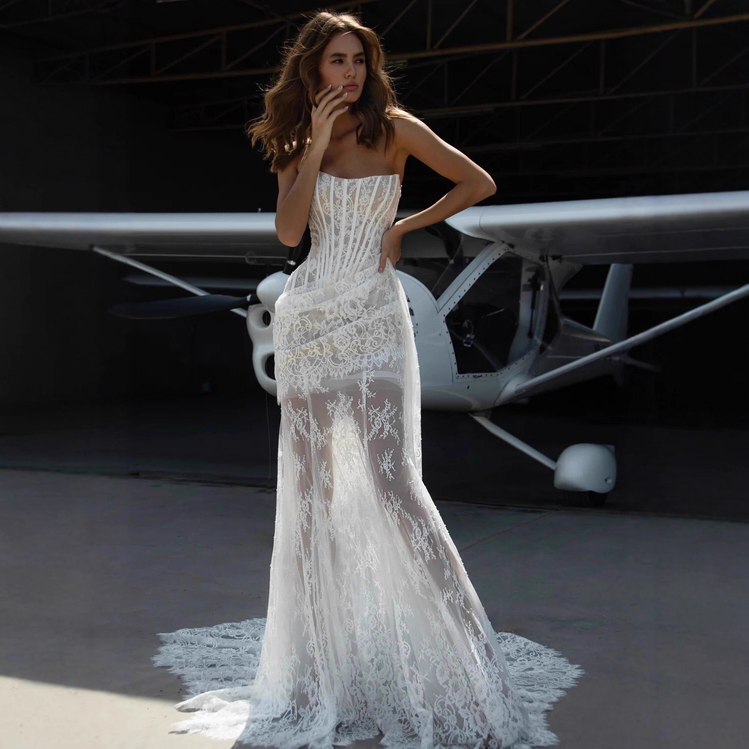 European and American Sexy Tube Top Fishbone Waist Backless Slim Elegant Lace See-Through Dress Long Dress Party Skirt