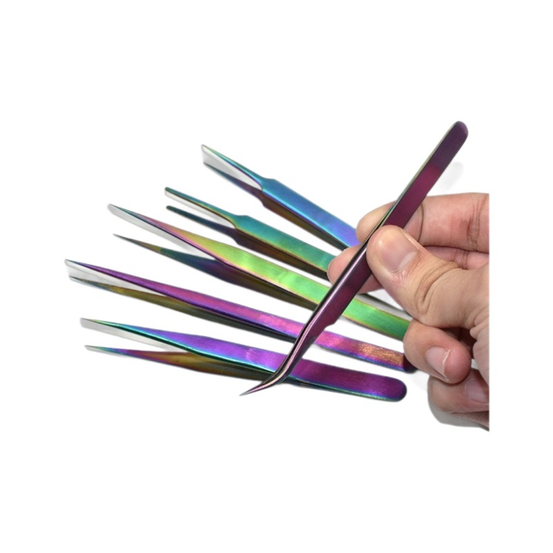 Venta al por mayor codo puntiagudo pinzas de acero inoxidable injertar pestañas postizas floración plantación pegatinas rhinestone Arco Iris clip image 7