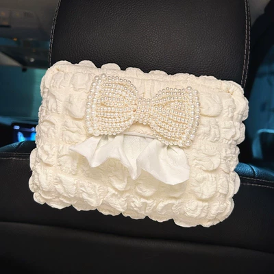 Car tissue box, creative bow-shaped tissue box for car, tissue hanging bag, armrest box, car interior decoration (Car tissue box/set) - pearl-white-bow-tissue-bag