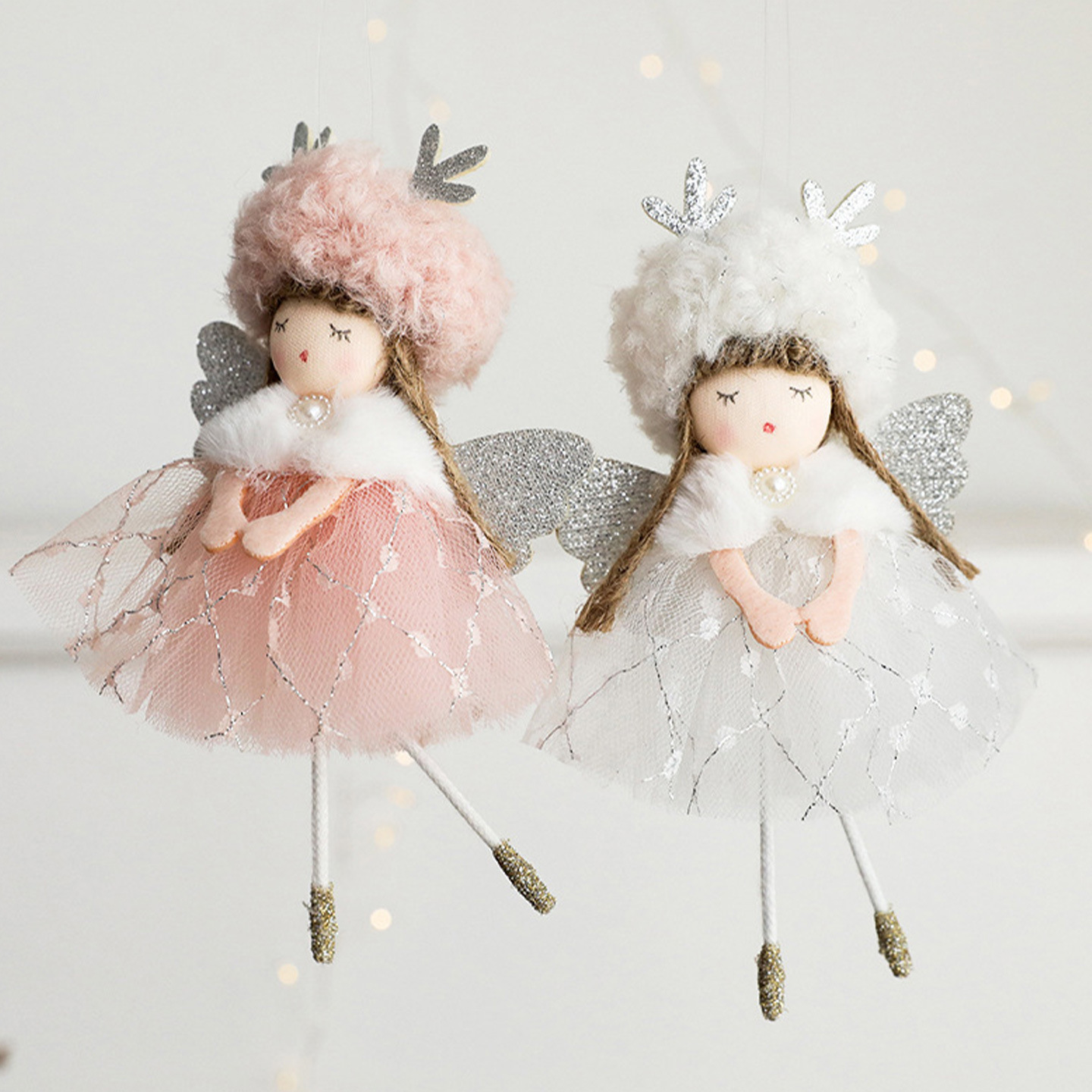 Enchanting Angel Girl Christmas Ornament – Fluffy Tulle Skirt & Antler Wings For Festive Tree Decor (Green/White/Pink)_voghion.com