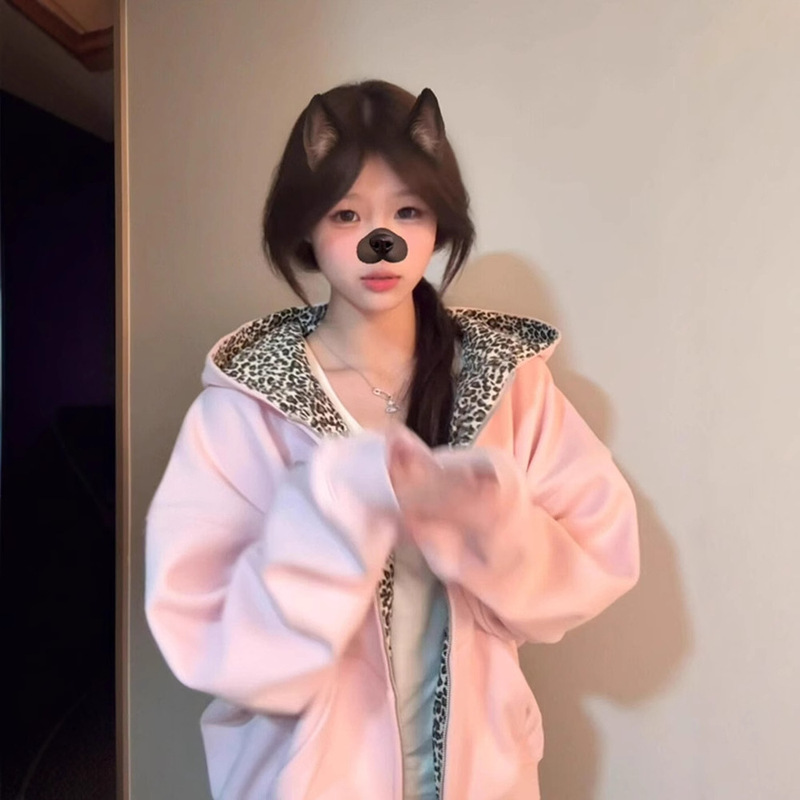 美式复古连帽卫衣外套女2025秋季豹纹拼接开衫宽松情侣拉链上衣潮|undefined