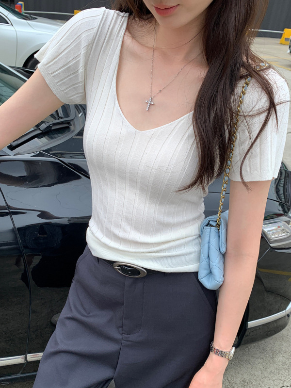 法式V领收腰针织衫t恤女夏季2025新款设计感坑条显瘦修身绝美上衣|undefined