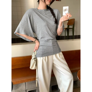 热销莱赛尔天丝不规则收腰压褶短袖T恤女夏2026秋款圆领纯欲上衣