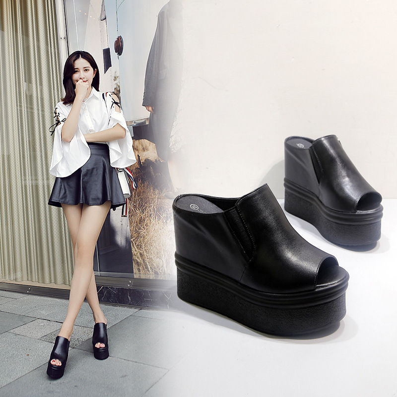 2025 New Korean Style Outer Wear Super High Heel Sandals Wedge Heel Thick Sole Fish Mouth Sandals High Heel Slippers