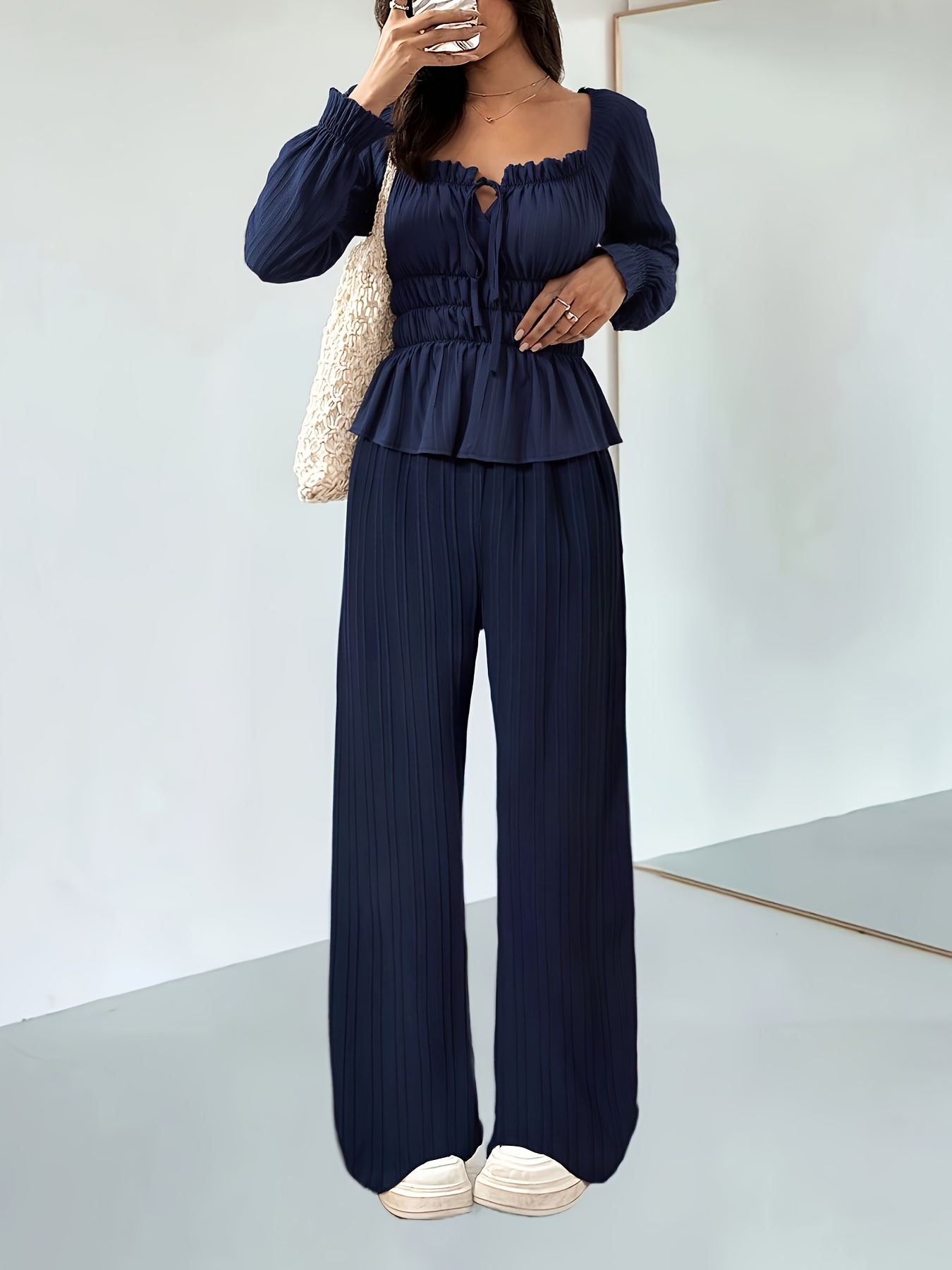 Ensemble chemisier à volants et pantalon large d'inspiration française – Style bohème chic élégant pour femme (Tailles S à XXL, bleu marine, esthétique minimaliste euro-américaine)_voghion.com