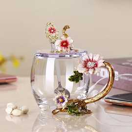 清新珐琅彩水杯茶杯子家用耐高温水晶玻璃杯花茶杯送女友礼物礼品