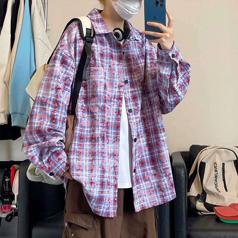 Trendy Retro Tie-Dye Plaid Oversized Loose Long-Sleeve Shirt Casual Versatile Layering Piece Japanese-Korean Style Jacket