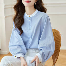 厂家直销条纹气质韩版袖长衬衣女2024夏季新款时尚百搭衬衣
