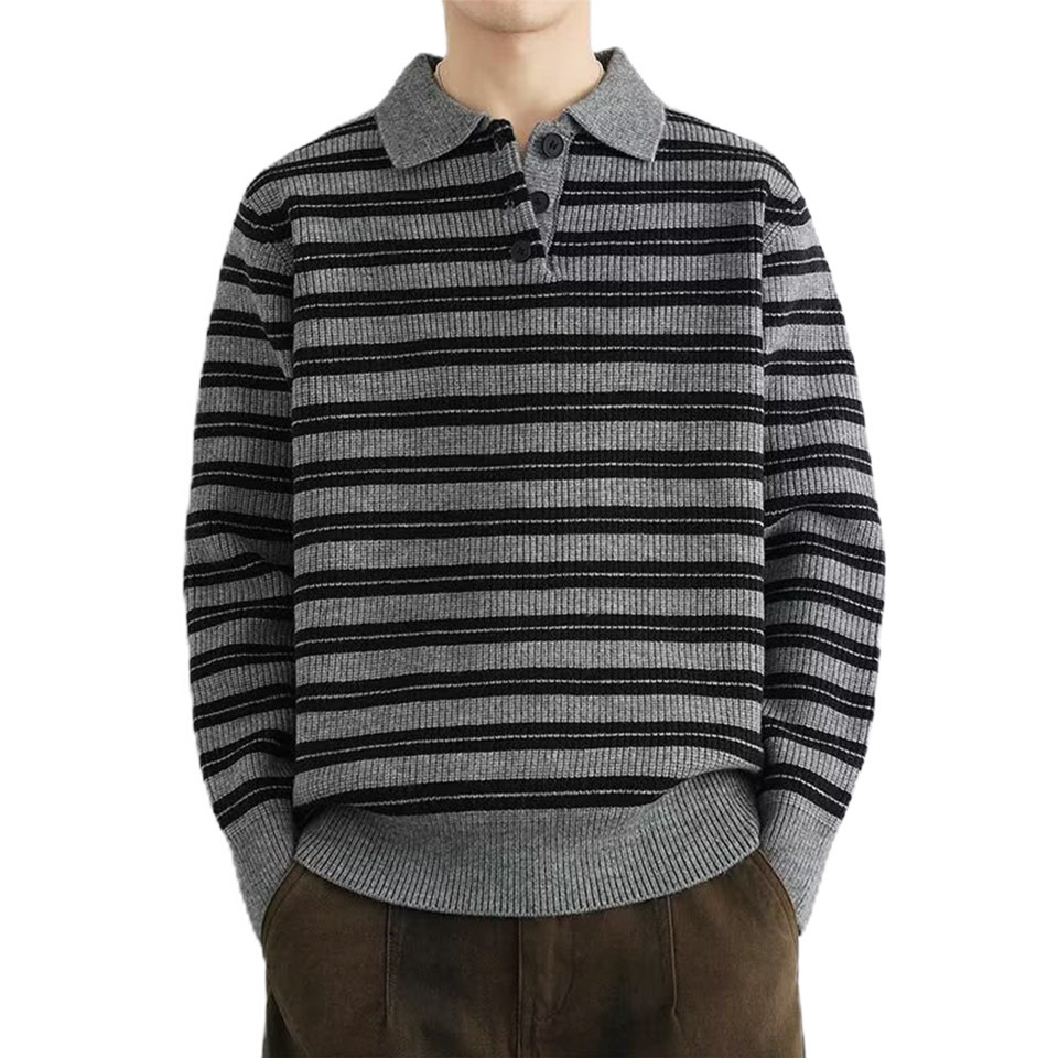 Explosiones transfronterizas de tamaño grande europeo polo camiseta con solapa camiseta de punto suéter hombre rayas viejo viento de otoño y invierno fábrica al por mayor