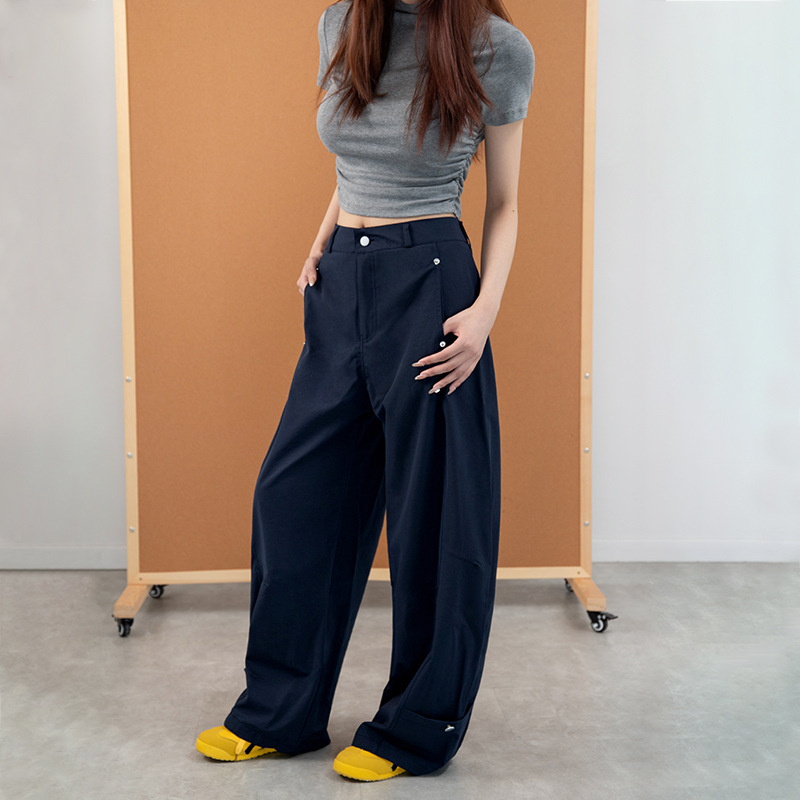 萝卜大叔藏青色铆钉弯刀裤女秋季2025新款宽松显瘦辣妹高腰阔腿裤|undefined