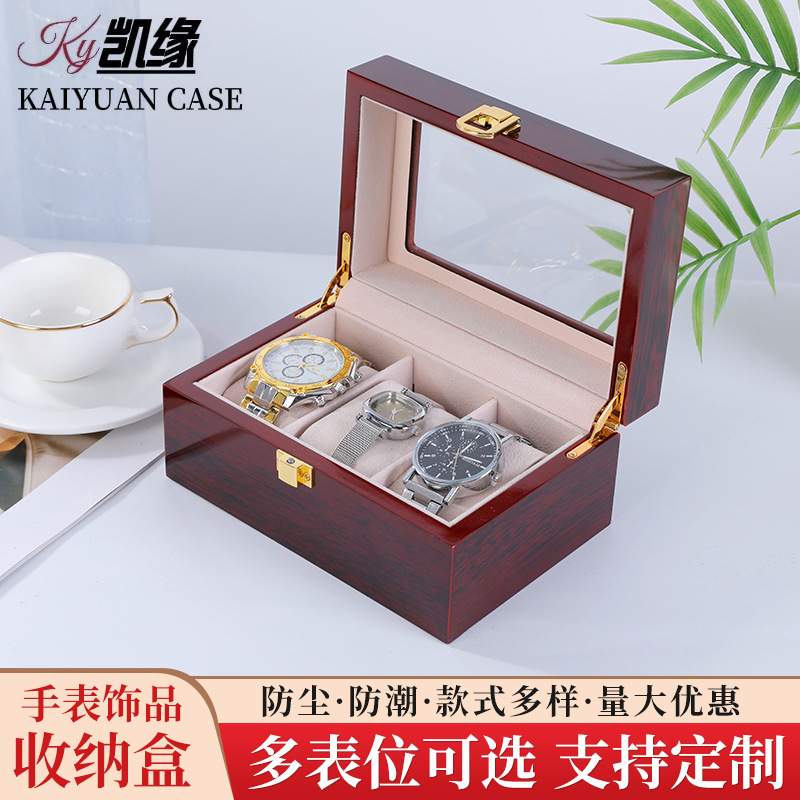 In stock wholesale red bright baked paint 3-bit watch box jewelry jewelry storage box wooden watch display box