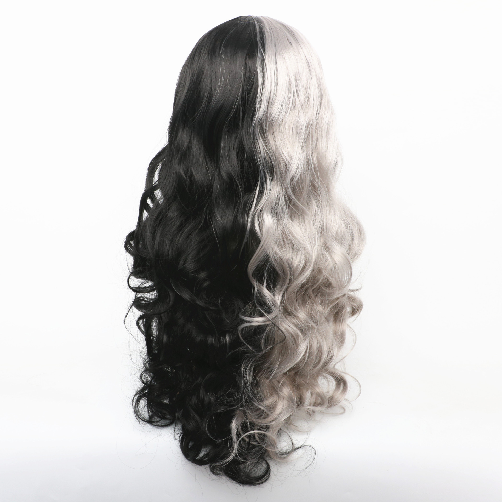 Synthetesch Perück Anime COS Perück Fraeperück Fake Schwaarz Wäiss a Gro Duebelfaarf Riicht Pony Laang Lockeg Hoer Set_voghion.com