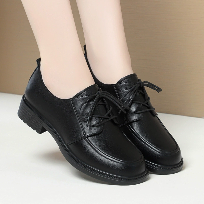 Черные кожаные туфли с мягкой подошвой на шнуровке, толстом каблуке, Рабочая обувь с глубоким горлом, грязеотталкивающая Нескользящая женская обувь, тонкие бархатные туфли для мам, однослойная обувь