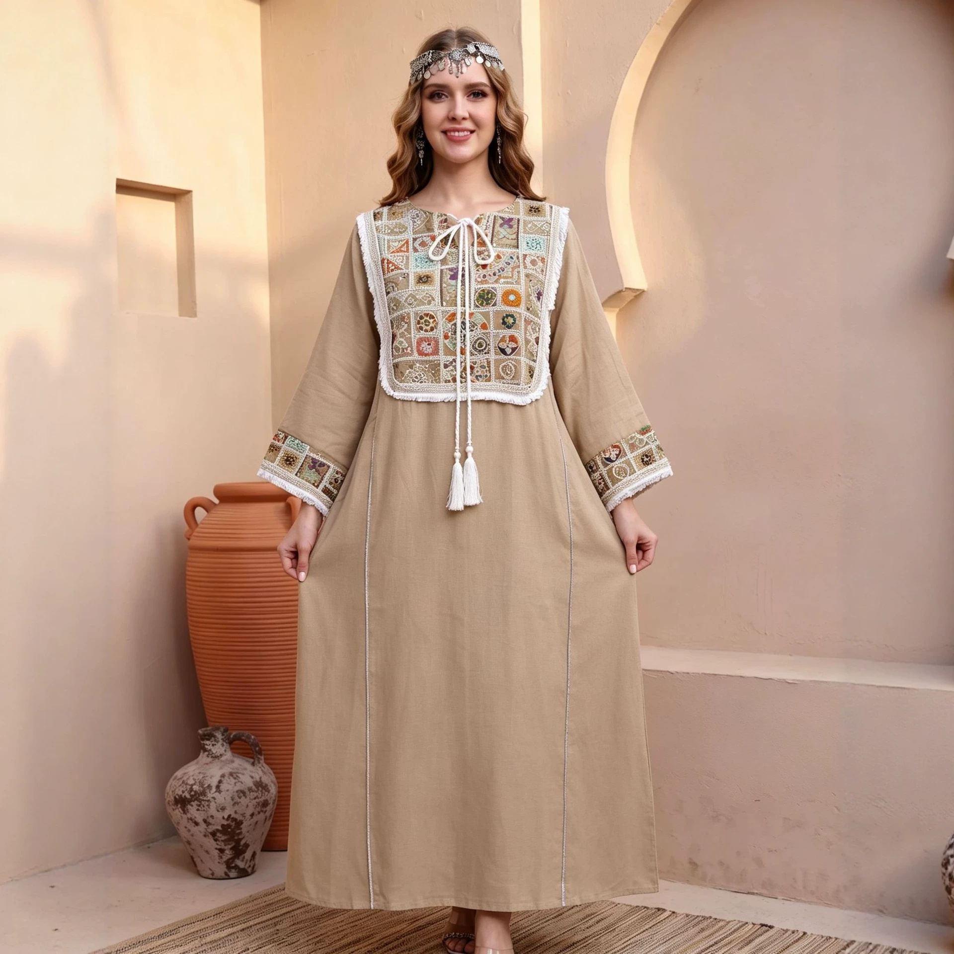 M25077 Khaki Heavy Embroidered Long Robe with Tassel Tie and Frayed Edges - Loose-fitting Dress