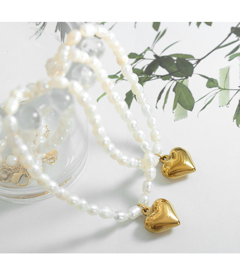 Fashion Heart Shape Titanium Steel Plating Artificial Pearls Pendant Necklace 1 Piece