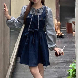 波点衬衫牛仔背带连衣裙两件套装裙活泼减龄小个子入秋穿搭一整套