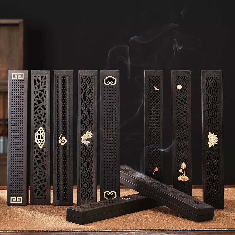 长款紫光檀线香炉黑檀木卧香盒家用室内檀香沉香线盒香道配件批发