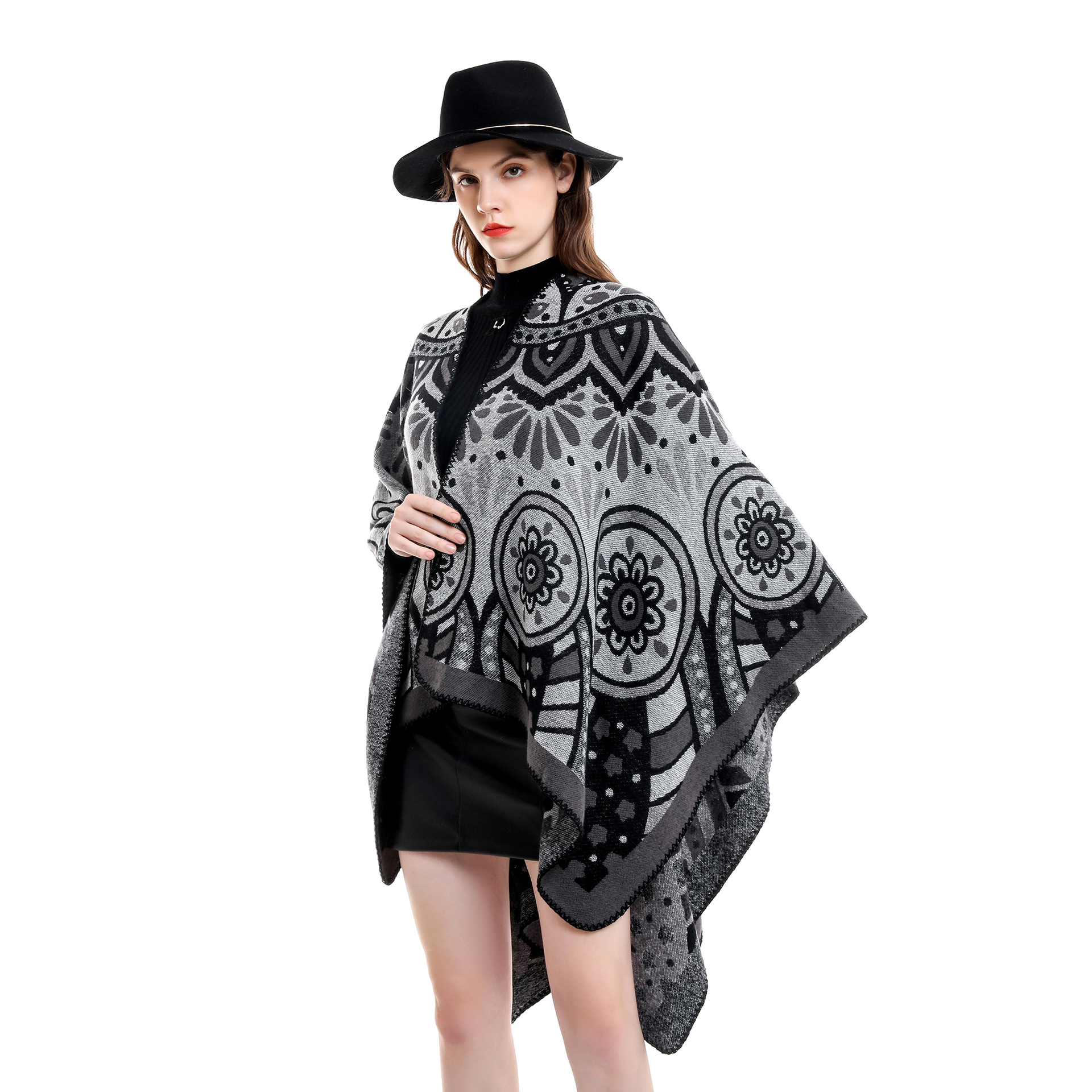 Abrigo chal mujer Otoño e Invierno moda calle Flor geométrica cardigan Otoño e Invierno capa larga Otoño e Invierno