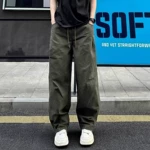 军绿色弯刀工装裤男秋季美式复古高级感褶皱阔腿裤cleanfit休闲裤
