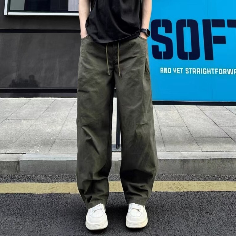 Army Green Scimitar Cargo Pants Men's Autum American Retro High-End Pleated Wide-Leg Pants Cleanfit Casual Pants