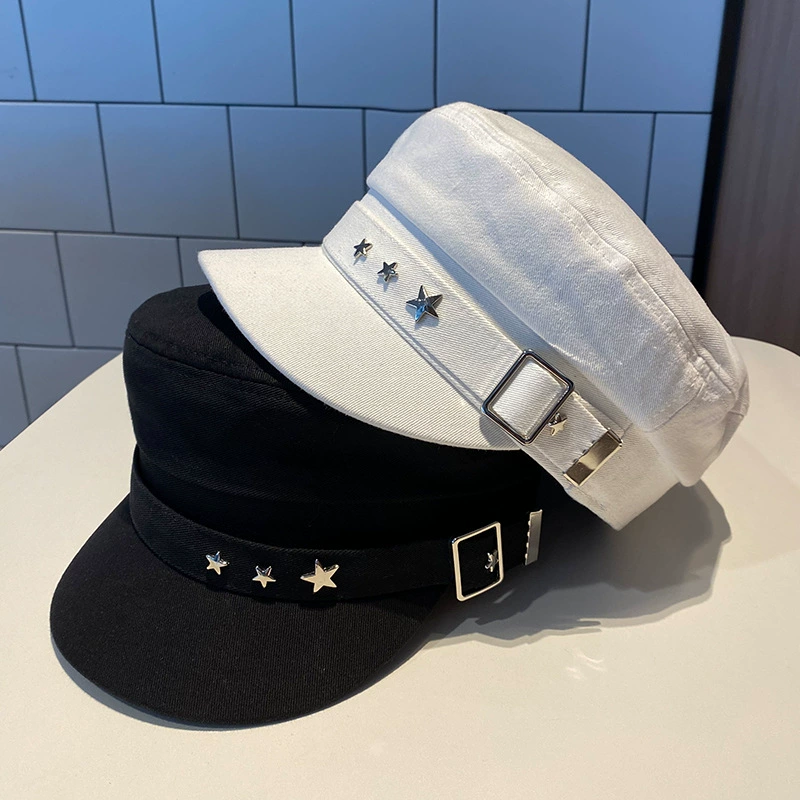 Demi-Season Army Cap, Retro Korean Beret Style, Star Studs & Buckle, M 56–58 cm