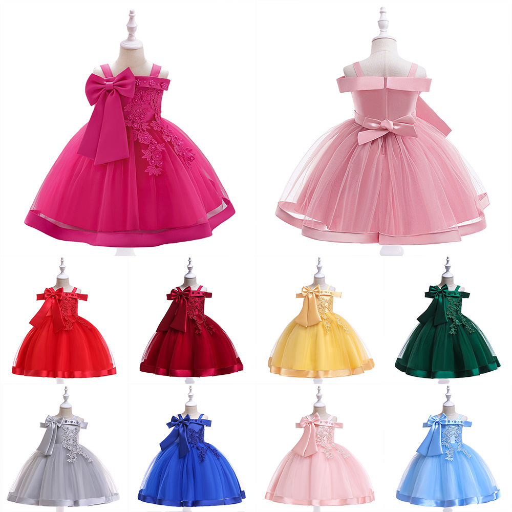 Flower Girl Dress Suspender Dress One Shoulder Beaded Princess Dress Mesh Twill Forged Cloth Kidsren's Wedding Dress