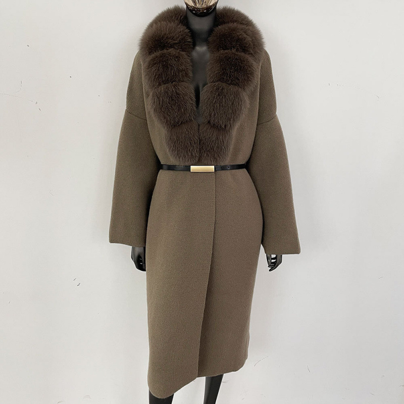 European and American 2025 New Style Lazy Fashion Thick Long Cardigan with Fox Fur Collar Knit Sweater Coat for Women