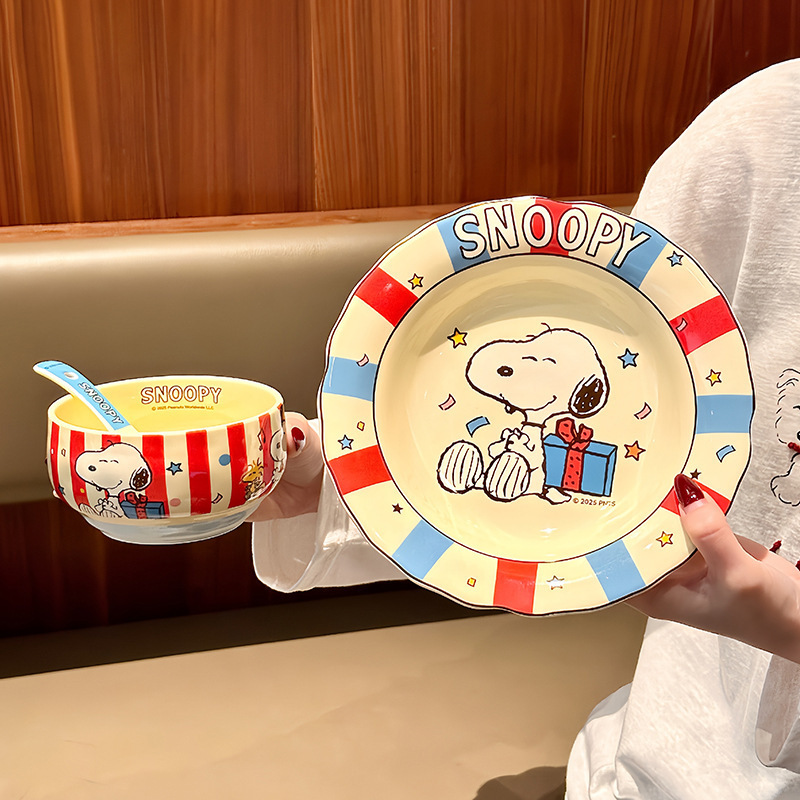 Snoopy Rice Noodle Bowl Cute Children's Single-Serving Bowl and Plate Ceramic Tableware Set Couple Bowl and Plate Breakfast Plate