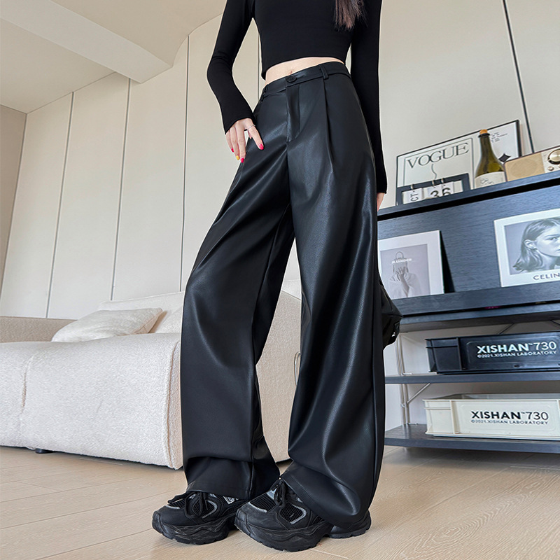 Black Pu Leather Pants for Women, Autumn and Winter New High-Waisted Slim Straight Pants, Casual High-End Suit Pants, Fashionable Wide-Leg Pants Black Pu Leather Pants for Women, Autumn and Winter New High-Waisted Slim Straight Pants, Casual High-End Suit Pants, Fashionable Wide-Leg Pants