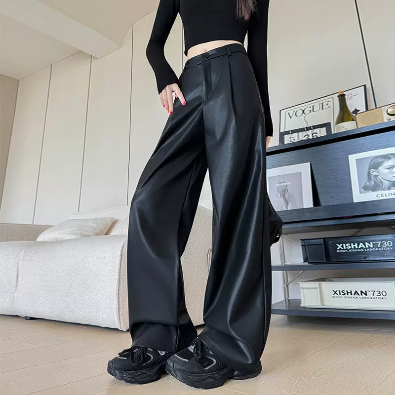 黑色PU皮裤女秋冬新款高腰显瘦直筒裤休闲高级感西装裤时尚阔腿裤