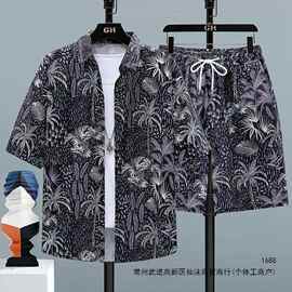 三亚潮流衬衫休闲夏季度假沙滩裤衬衣男士宽松短裤夏威夷短袖套装