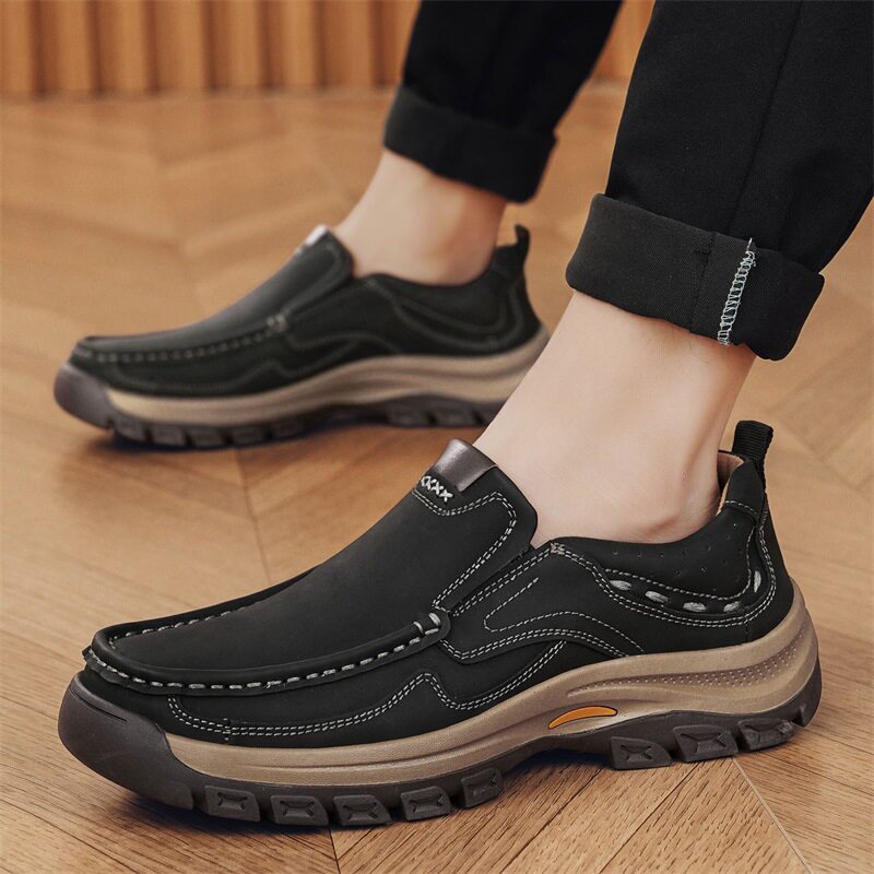 Giày lười nam đế dày da thoáng khí chống mài mòn cổ thấp gót 3 cm — Nâu sẫm, màu đen