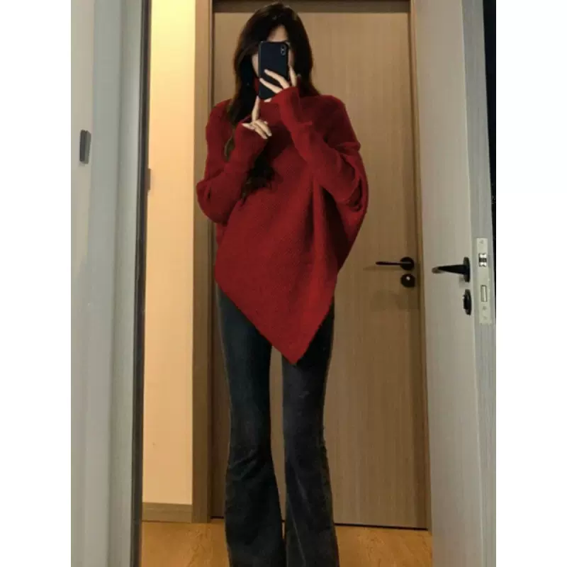 不规则高领毛衣女2024秋冬季新款爆款温柔韩系慵懒风加厚针织上衣