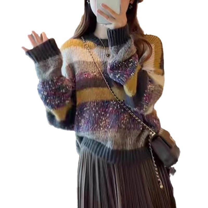 カラフルなストライプのプルオーバーレイジースタイル韓国セーター女性のための 2024 秋と冬ルーズアウターソフトワックス状セータートップ|undefined