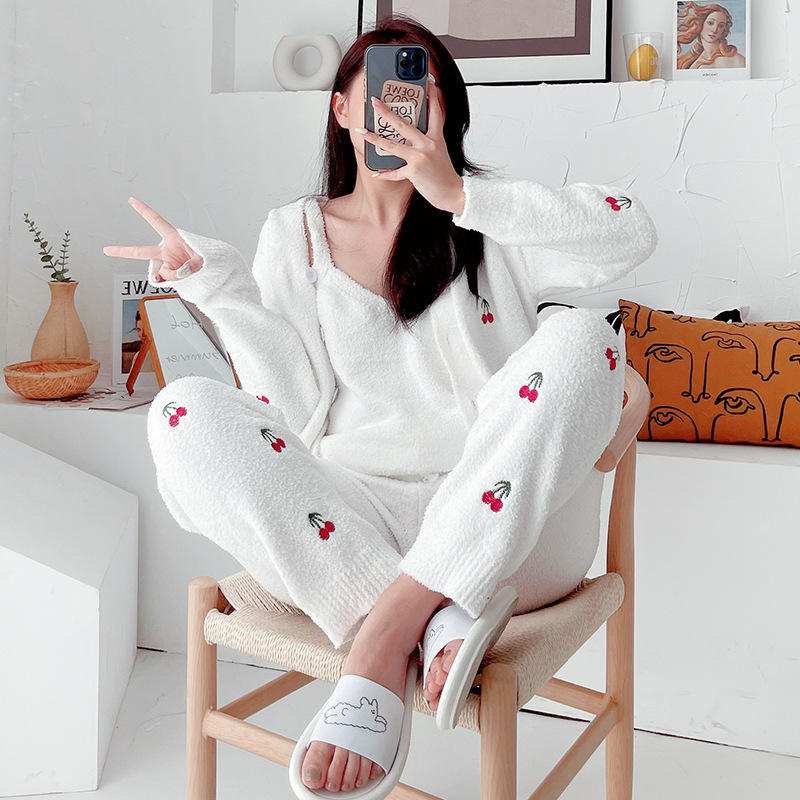 Pajamas Women's Autumn And Winter Three-piece Soft Warm Thickening Cardigan Wool Knitting Cute Sweet Cherry Home Clothes