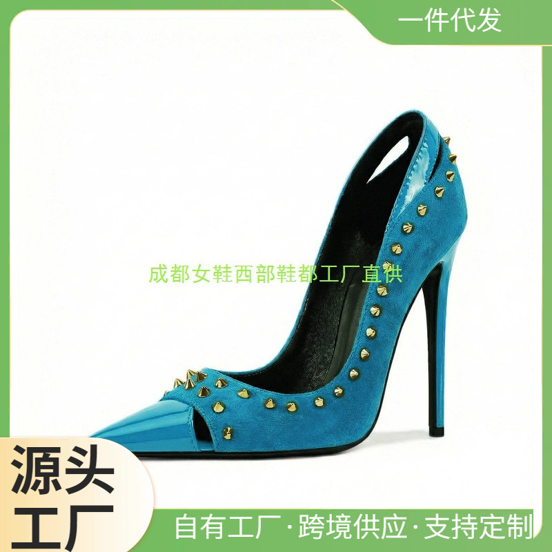 Fashionable Studded High-Heeled Shoes in European and American Style, Direct Supply from Chengdu Women's Shoe Factory