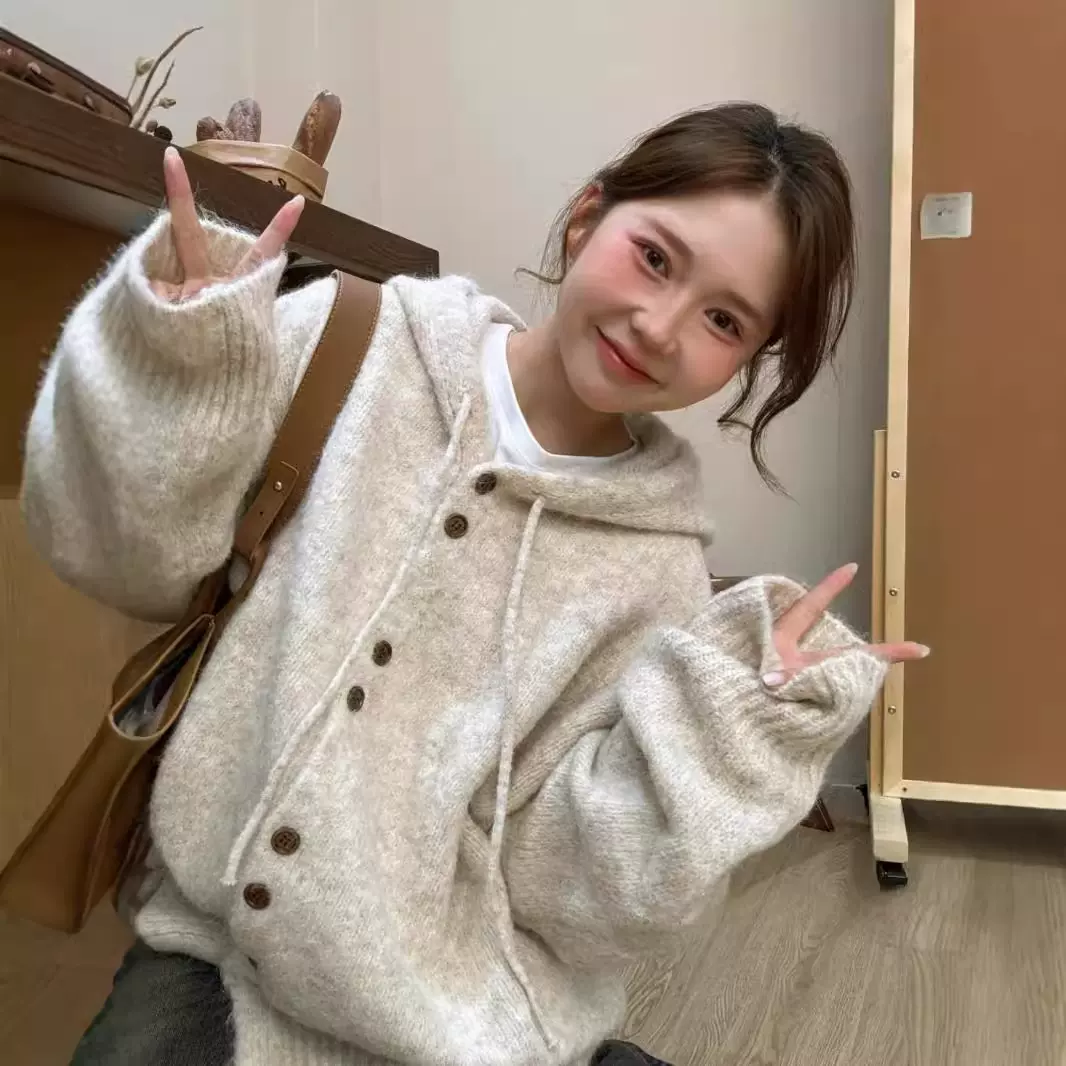 灰色连帽毛衣开衫外套女秋冬季加厚韩系穿搭宽松慵懒风针织衫上衣