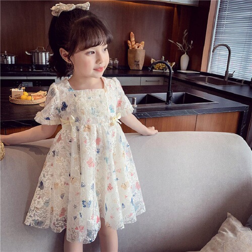 Girls' fashionable princess dress summer dress 202 new style little girl's fashionable lace skirt children's Korean version mesh dress