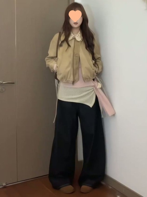 美式复古卡其色钩花镂空翻领外套女秋季设计感宽松休闲短款夹克潮|undefined