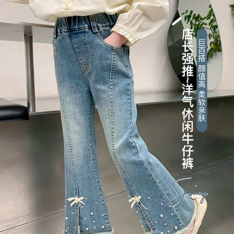 소녀 봄 바지 2024 새로운 도착 서양식 봄 및 가을 청바지 어린이 소녀 중 큰 어린이 꽃 바지 유행 바지