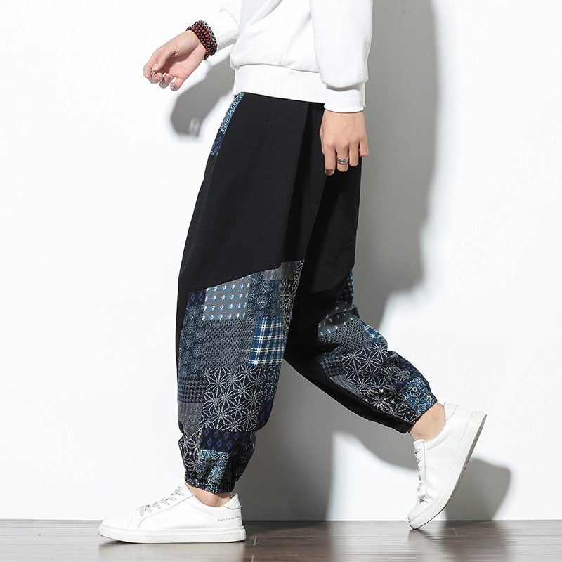 Men's Cotton and Linen Chinese Style 22 Spring New Patchwork Long Pants Loose Casual National Fashion Retro Harem Pants Wholesale